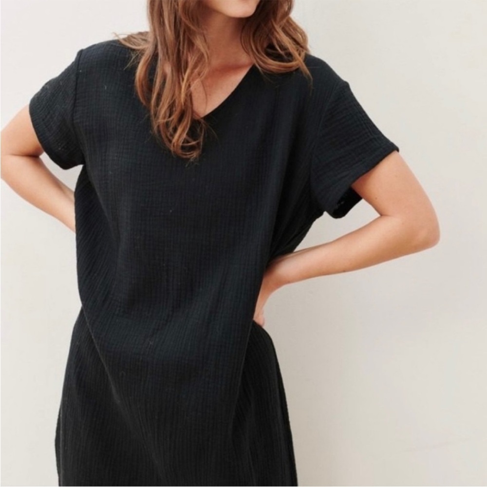 Jenni Kayne Cypress Caftan Dress Black Cotton Gauze Short Sleeve Midi Size XS